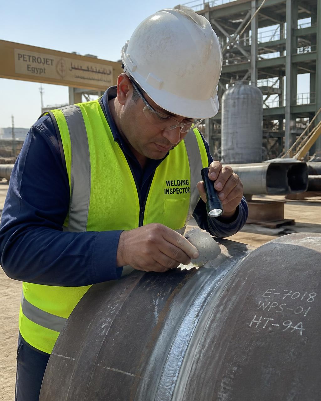 Welding inspector examining industrial fabrication in Egypt